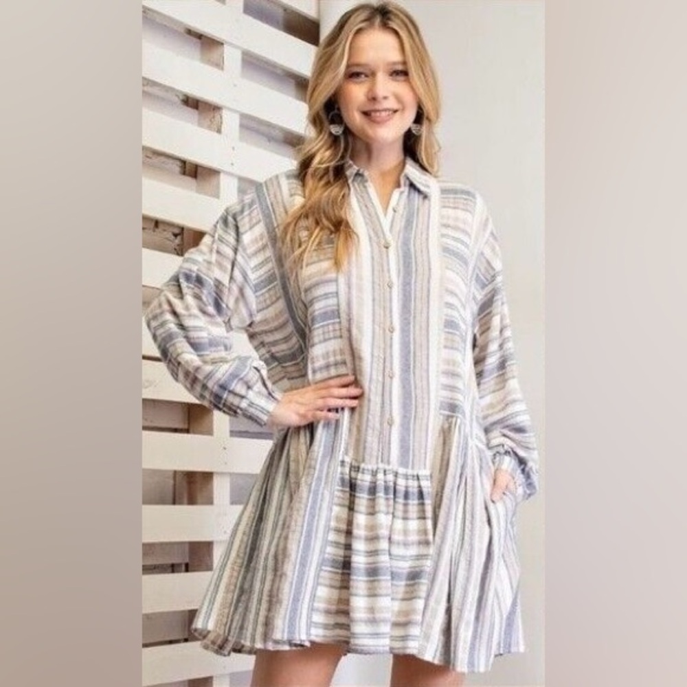 Easel Long Sleeve Linen Blend Purple White Button Up Tunic Dress Boho Beach - Picture 15 of 16